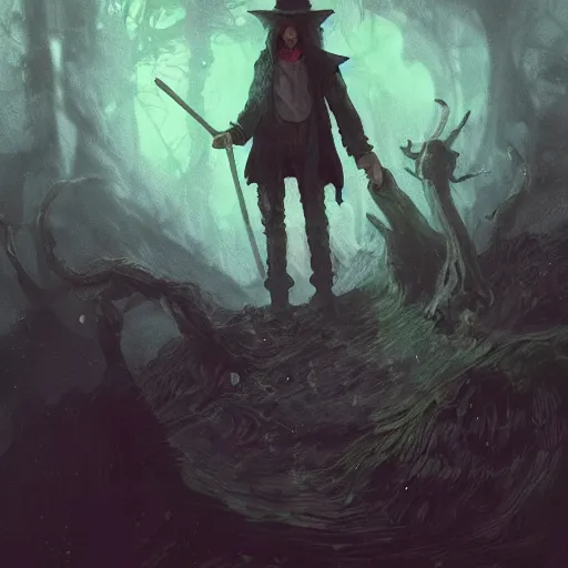 Image similar to snufkin in hell as character from elden ring in style of elden ring, digital illustration portrait design, by android jones and greg rutkowski, retrowave color scheme, detailed, cinematic lighting, wide angle action dynamic portrait