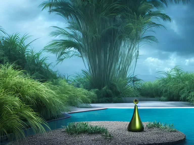 Prompt: perfume bottle standing in a desert oasis in deep blue pond water surrounded by tropical flora by zaha hadid ; octane highly render, 4 k, ultra hd, 2 0 0 mm, mute dramatic colours, soft blur outdoor stormy sea background, volumetric lighting