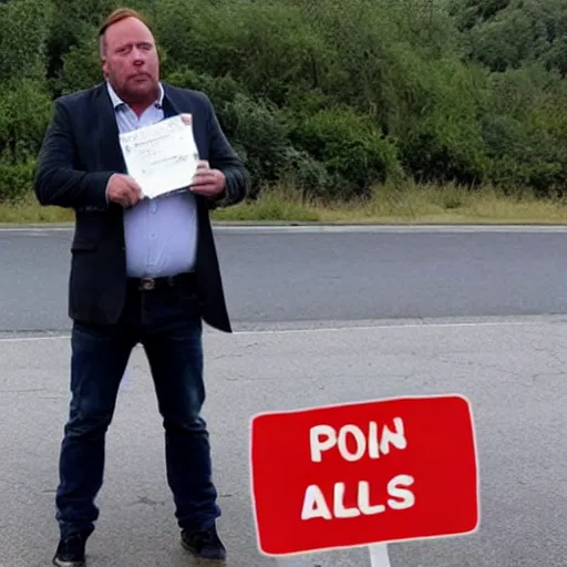 Image similar to alex jones begging for money on the side of the road, award winning press photo