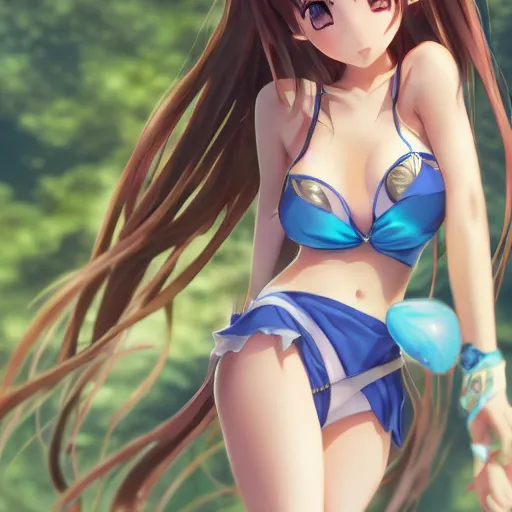 Image similar to a giant macro very beautiful young yuuki asuna, full body, long wavy hair, sky blue eyes, full round face, bikini, miniskirt, standing next to a dwarf, cinematic wallpaper by stanley artgerm lau