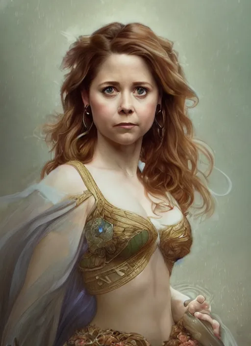 Image similar to beautiful portrait of jenna fischer, by magali villeneuve and greg rutkowski and artgerm and alphonse mucha, intricate, elegant, highly detailed, photorealistic, trending on artstation, trending on cgsociety, 8 k, sharp focus