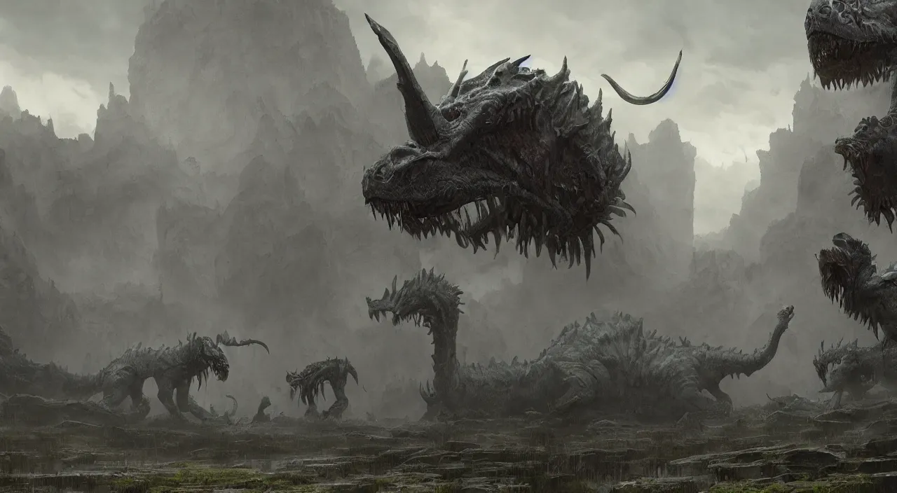 Image similar to indistinct glowing prehistoric beasts surrounded by slate grey walls, insane details, dramatic lighting, unreal engine 5, concept art, greg rutkowski, james gurney, johannes voss, hasui kawase.