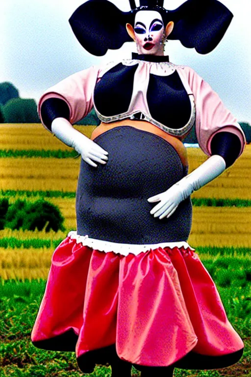 Prompt: haute couture 1999 Dutch milkmaid costume with exposed midriff and prosthetic udders. Drag queen, campy. Cow Costume with Udders, comical. Cloven Hoof High-Heeled Boots. Puff sleeves, ruched bodice. Choker necklace with a large cow bell on it. Holstein spots fabric.