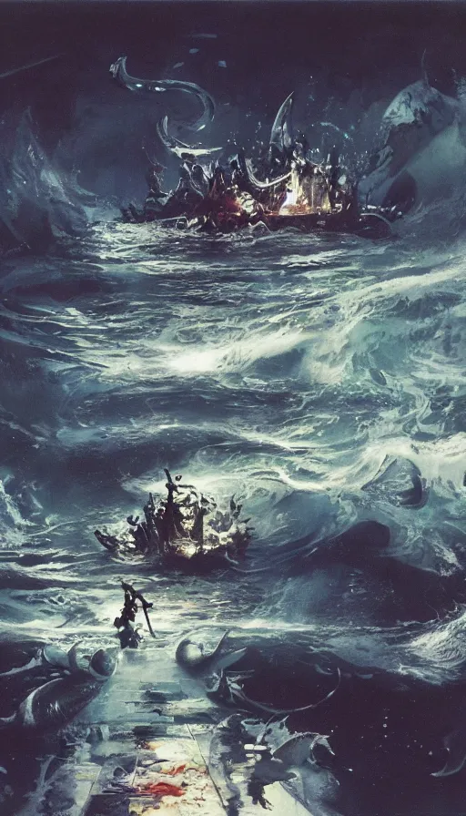 Prompt: man on boat crossing a body of water in hell with creatures in the water, sea of souls, by john berkey