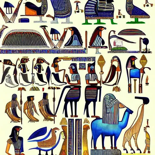 Prompt: egyptian peaceful by aquirax uno. a beautiful drawing of a group of creatures that looks like a mix of different animals. most of the creatures have human - like features, such as arms & legs, & some are standing upright while others are crawling or flying.