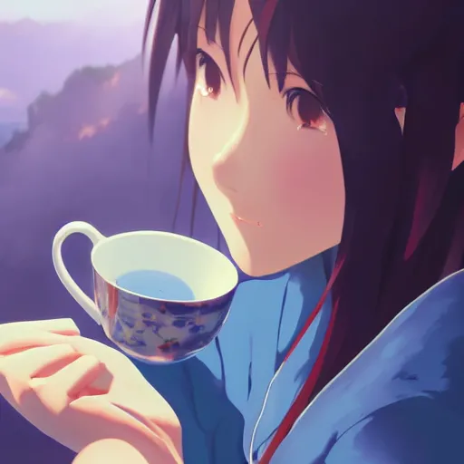 Image similar to beautiful closeup anime painting of a young woman with dark blue hair drinking tea, by makoto shinkai, kimi no na wa, artstation, atmospheric, high detail