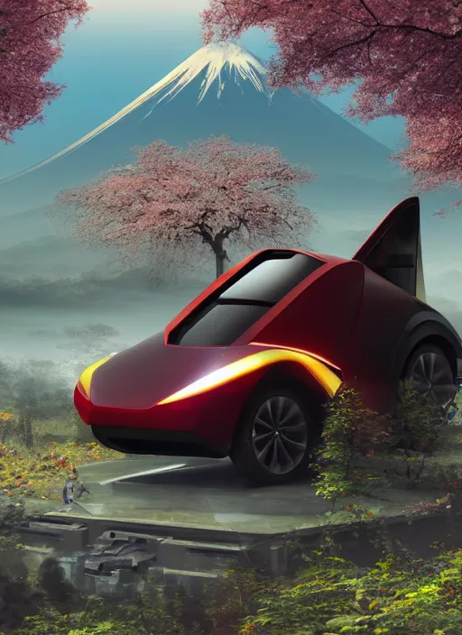 Image similar to a futuristic magical solarpunk tesla cyber truck vehicle hover craft in the future of 2 0 8 9 futuristic version, dieselpunk look, elegant automotive parts shape, aero dynamic, digital art. trending on artstation. cyberpunk look hovering by mount fuji early in the morning with a few blossom trees around, high quality photo