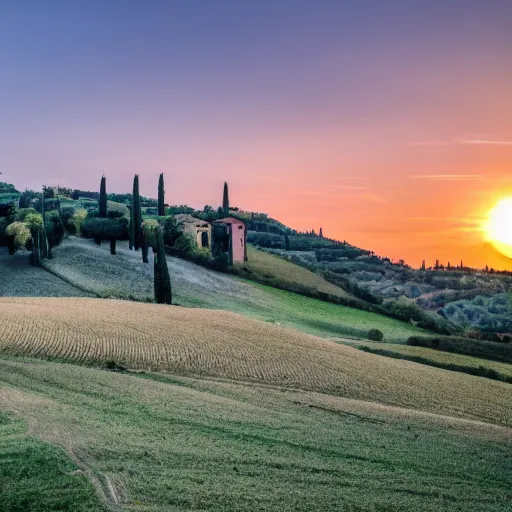 Prompt: a beautiful tuscan landscape with a little church sunset 8 k.