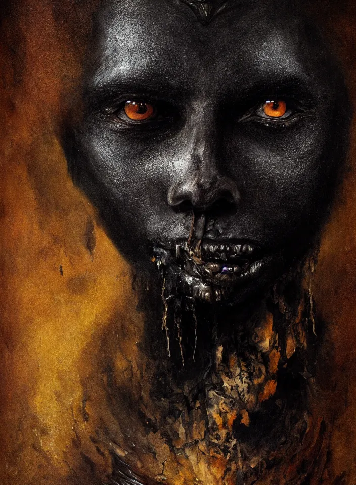 Prompt: a closeup portrait of a monster with black skin that invokes fear, d & d, fantasy setting, horror environment, morbid colors, dark lighting, atmospheric, cinematic, moody, in the style of diego koi, gina heyer, luiz escanuela, art by alyssa monk, depth, hyperrealism, rule of thirds, golden ratio, oil on canvas, 8 k