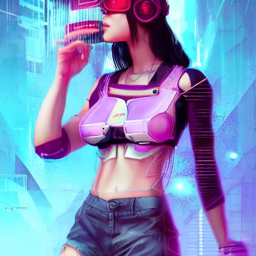 Image similar to a full body illustration of an asian female cyberpunk character wearing VR goggle implants, highly detailed, soft lighting, neon pastel colors, by WLOP, Guweiz, and Greg Staples, HD, 4K