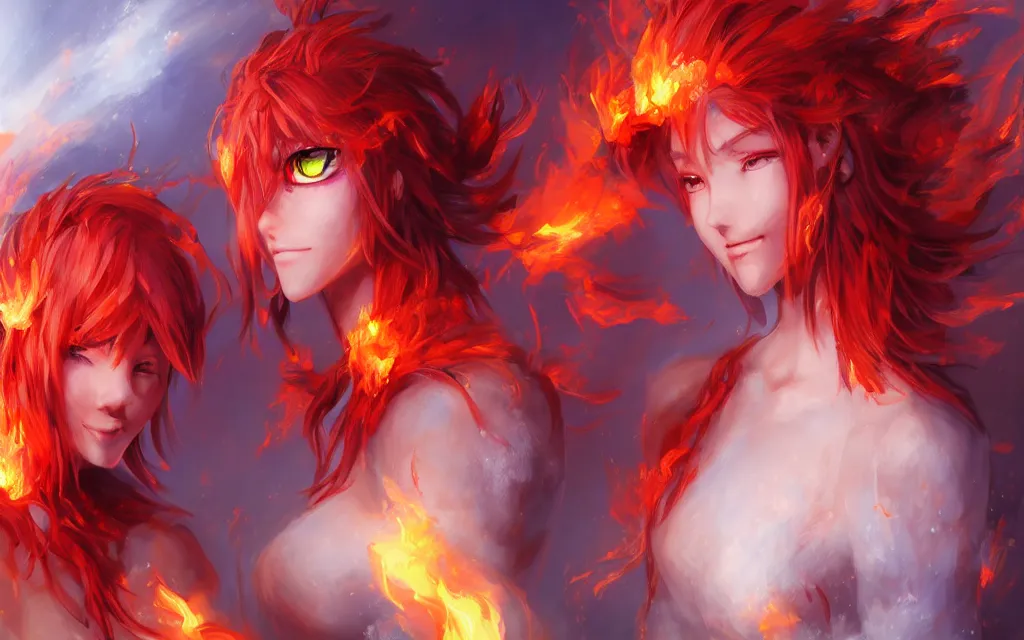 Image similar to A realistic anime portrait of a beautiful fire spirit twins with glowing red eyes and firey skin wearing clothes made of flames, digital painting, by Stanley Artgerm Lau, Sakimichan, WLOP and Rossdraws, digtial painting, trending on ArtStation, SFW version