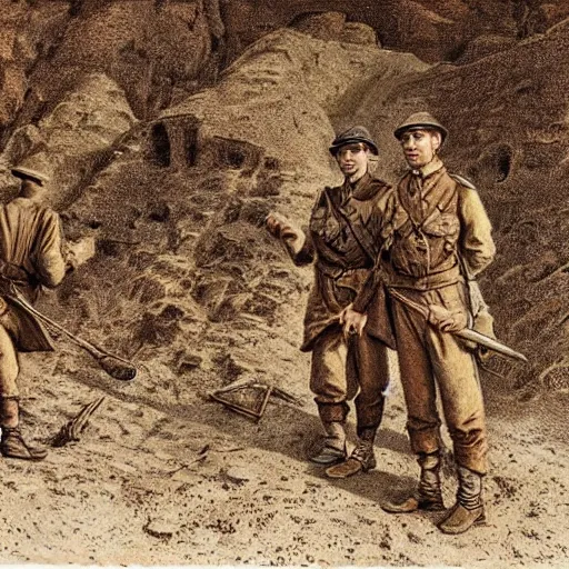 Image similar to ultra detailed photorealistic sepia - toned painting from 1 9 1 7, three british soldiers standing at an archaeological dig site in wadi rum, ultra realistic, painted, intricate details, epic, lovecraft, atmospheric, dark, horror, brooding, highly detailed, by dave dorman