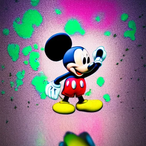 Prompt: counterfeit mickey mouse, fractal, broken, wet, melting, lisa frank, fractured, mycelium, cubensis, radiant alien, rococo, baroque, automotive, bio-mechanical, porcelain, iridescent, sub surface scattering, unreal engine, octane render