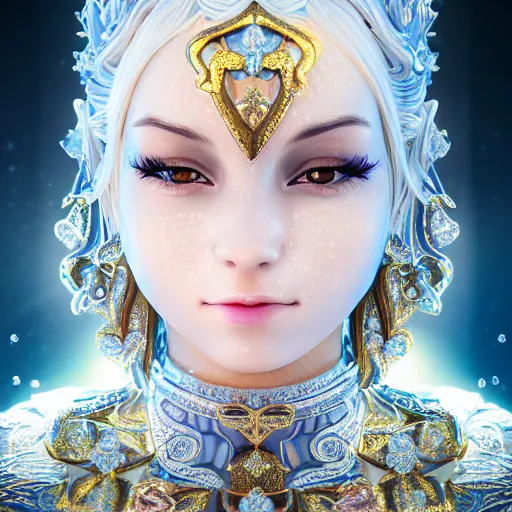 Image similar to portrait of wonderful princess of diamonds with fair skin, ornate, 8 k, gorgeous, intricate, detailed, glowing white accent lighting, dramatic lighting, octane render