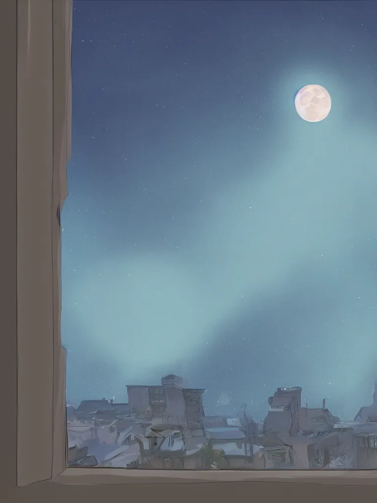 Image similar to neon moon seen through the bedroom window by disney concept artists, blunt borders, rule of thirds