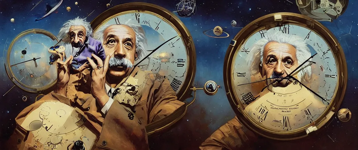 Prompt: surreal and abstract portrait of albert einstein measuring time on vintage salvadore dali clock in outer space - cinematic lighting - art, by wlop, james jean, victo ngai! muted sepia colors, very detailed, art concept by craig mullins, thomas kinkade cfg _ scale 8