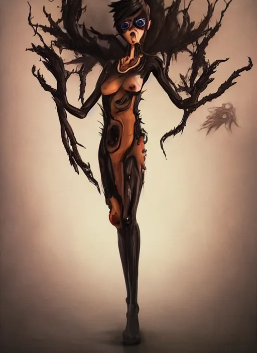 Image similar to dark full body painting of tracer from overwatch, in style of zdzisław beksinski, scary, horror, 4 k, feminine facial features, overwatch tracer character, horror, body horror, disturbing, detailed face, dressed in dark garment, black tendrils, tall,