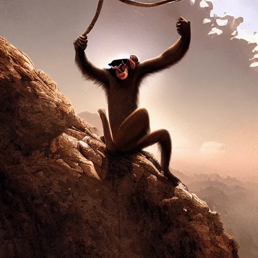 Image similar to a monkey throwing a bone to the air , dramatic lighting, cinematic, establishing shot, extremly high detail, photorealistic, cinematic lighting, artstation, style by James Gurney