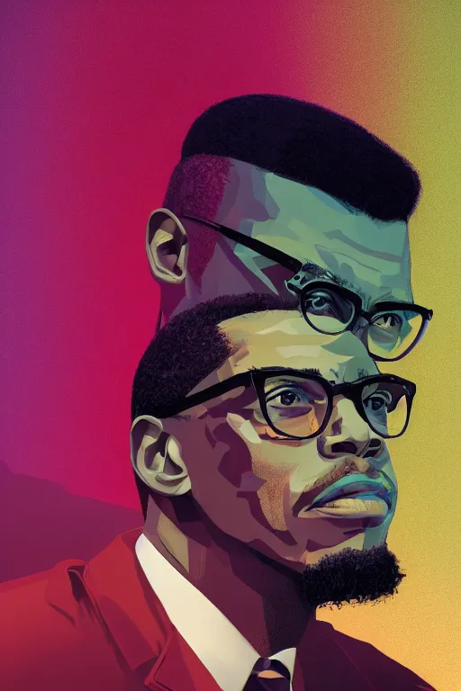 Prompt: Beautiful Malcom X portrait, artstation winner by Victo Ngai, Kilian Eng and by Jake Parker, vibrant colors, winning-award masterpiece, fantastically gaudy, aesthetic octane render, 8K HD Resolution
