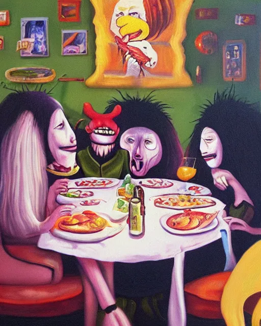 Image similar to “shrimpman’s having dinner with friends at the restaurant 666, detailed oil paint, discopunk”