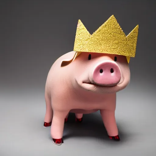 Image similar to studio photograph of a pig wearing a gold crown depicted as a muppet karate full body