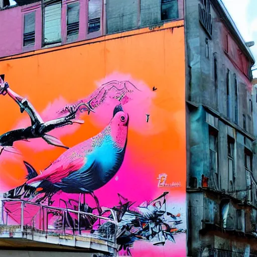 Prompt: an enormous mural in pink and orange, many colorful birds and exuberant fish mixing and blending, urban Street art by refreshink, l7m, pantone, ghibli