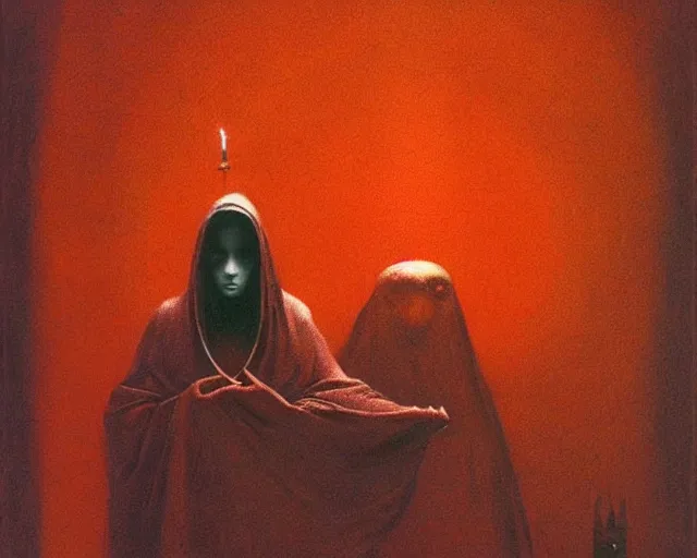 Image similar to lamprey by francis bacon, beksinski, mystical redscale photography evocative. devotion to the scarlet woman in her cathedral, priestess in a conical hat, coronation, ritual, sacrament