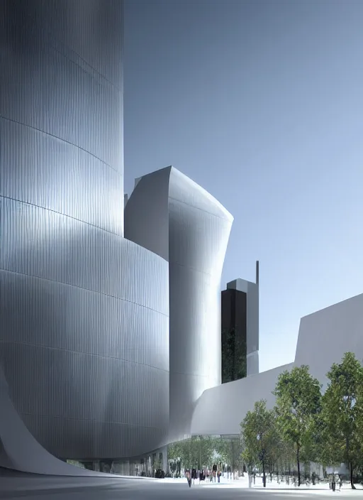 Prompt: architectural rendering, building designed by zahahadid, using modern material like steel + concrete + glass, biophilia