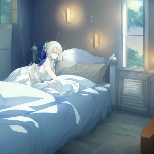 Prompt: a white ragdoll cat lies on the bed in the girl's bedroom, warm atmosphere, anime key visual, digital art, anime screenshot, kyoto animation, makoto shinkai, trending on pixiv