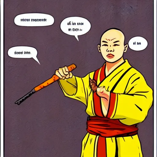 Prompt: shaolin monk putting on an army uniform and saying I\'m ready in a speech bubble