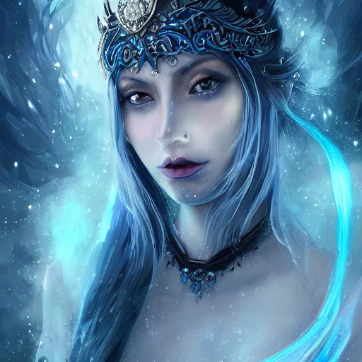 Image similar to masterpiece portrait of an aesthetic beautiful mage woman, ice spell, 3 0 years old woman, thin face, black dynamic hair, wearing silver diadem with blue gems inlays, silver necklace, painting by wlop, atmospheric effects, chaotic blue sparks dynamics in the background, intricate, artstation, fantasy