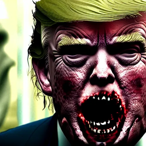 Image similar to donald trump as zombie in the walking dead. movie still. cinematic lighting