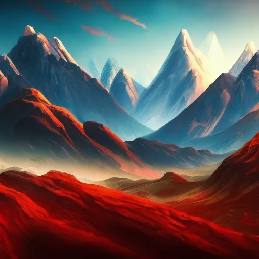 Image similar to The blood landscape with mountains in the background, Sci-Fi fantasy wallpaper, painted, 4k, high detail, sharp focus