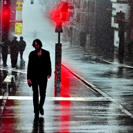 Image similar to keanu reeves walking in the rain on a reflective city street near a red flashing street light, highly detailed face and reflections misty dark