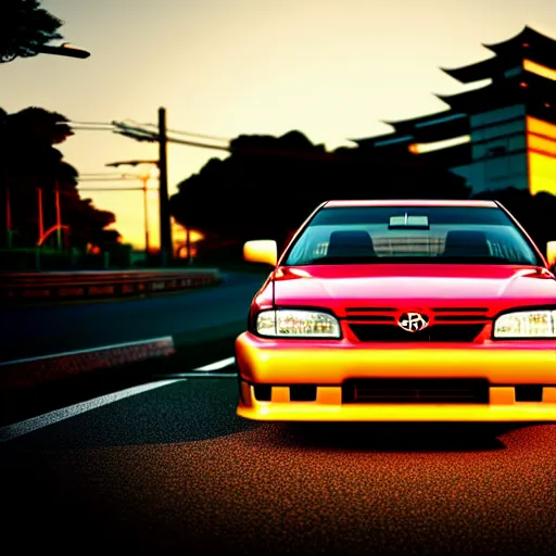 Image similar to a car Toyota JZX100 in middle of road, saitama prefecture, city sunset, cinematic color, photorealistic, highly detailed, bokeh