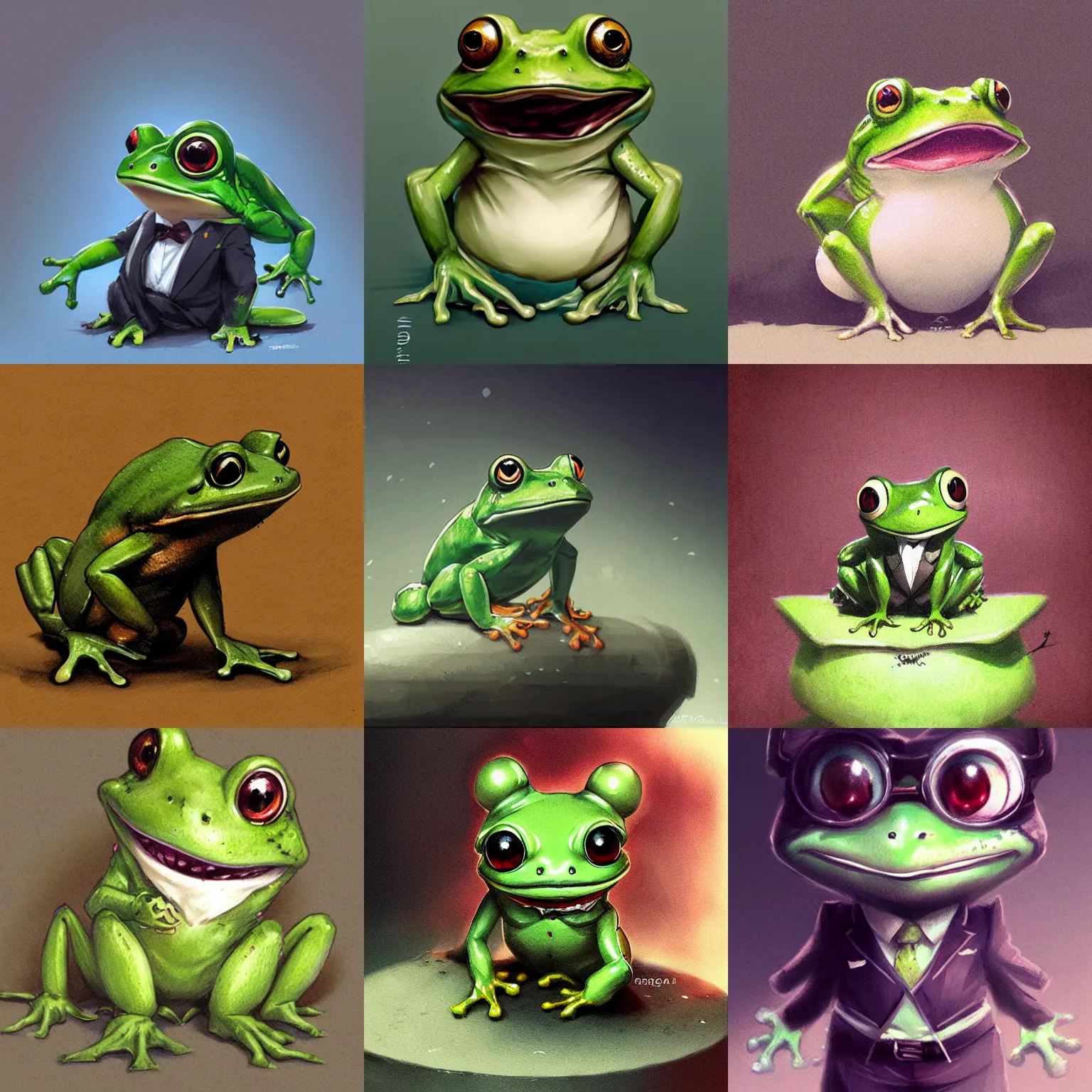 Prompt: cute anime antropomorphic chibi frog in suit illustration by greg rutkowski