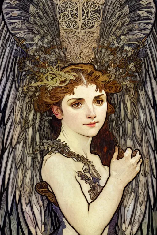 Image similar to head and shoulders portrait of a harpy, eagle wings, feathers, beautiful, female, magical, high fantasy, d & d, by alphonse mucha, face details, extremely detailed, digital illustration