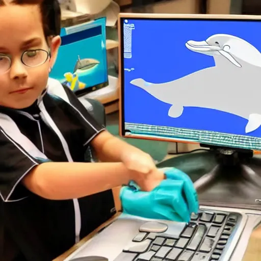 Image similar to A dolphin wearing a chemist outfit, playing games on a computer