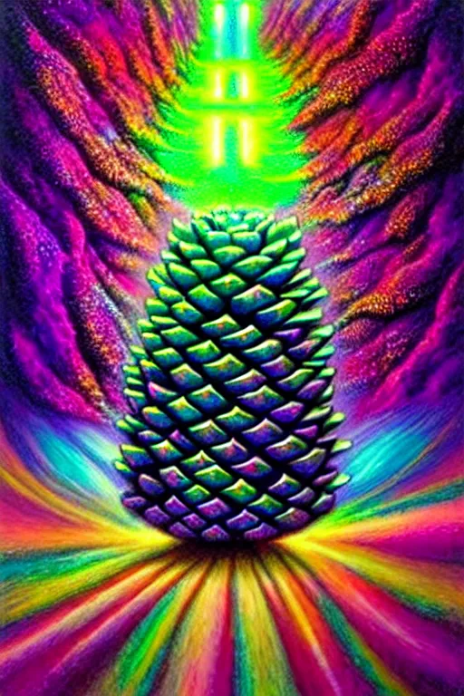 Prompt: a photorealistic detailed image of a beautiful vibrant iridescent perfect geometric neon pinecone, spiritual science, divinity, utopian, by david a. hardy, hana yata, kinkade, lisa frank,