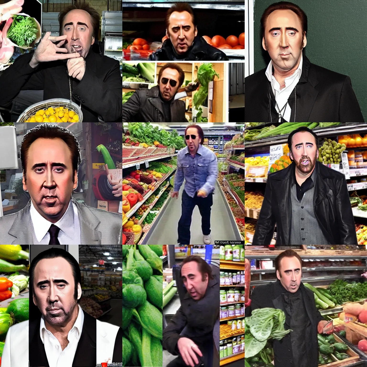 Prompt: drunk Nicolas Cage caught on security camera breaking into a vegetable store