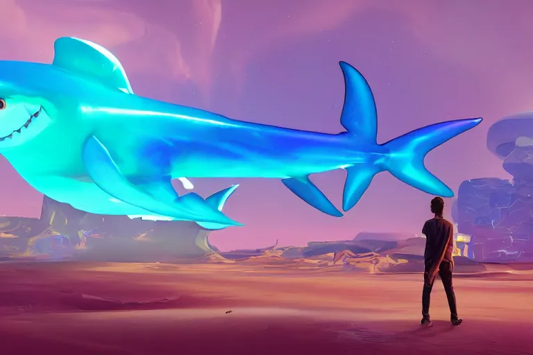 Image similar to a holographic projection of a huge colorful transparent shark appears in the desert at night, a man is stunned, by anton fadeev and jame paick, 8 k, unreal engine