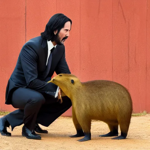 Image similar to john wick hugging a capybara