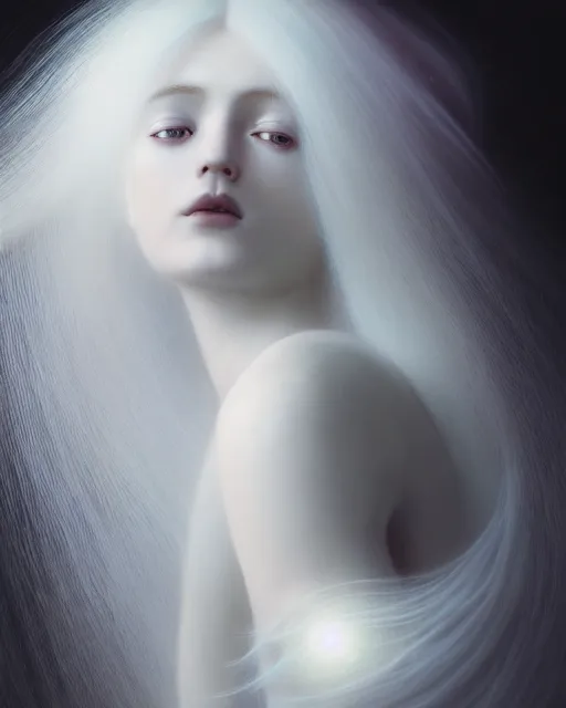 Image similar to soft, delicate, dreamy, subsurface scattering, white, young beautiful goddess in cosmos with very long white hair floating in air, fluid smoke art, black and white, octane render, dino valls, mark ryden, joe fenton, michal karcz, highly detailed, rim light, art, cinematic lighting, very coherent, hyper realism, 8 k