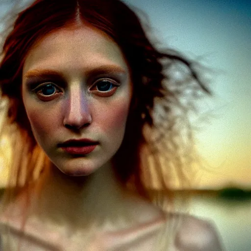 Prompt: closeup photographic portrait of a stunningly beautiful english renaissance female in soft dreamy light at sunset, beside the river, soft focus, contemporary fashion shoot by zdzisław beksinski, hasselblad nikon, in a denis villeneuve movie, by edward robert hughes, annie leibovitz and steve mccurry, david lazar, jimmy nelsson, hyperrealistic, perfect face