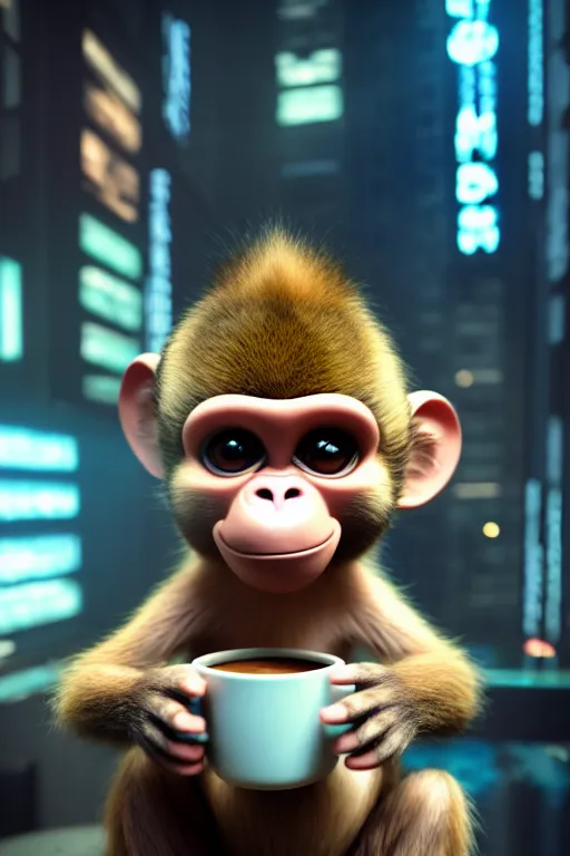 Prompt: high quality 3 d render very cute monkey! with large cup of coffee!, cyberpunk highly detailed, unreal engine cinematic smooth, in the style of blade runner & detective pikachu, hannah yata charlie immer, moody light, low angle, uhd 8 k, sharp focus