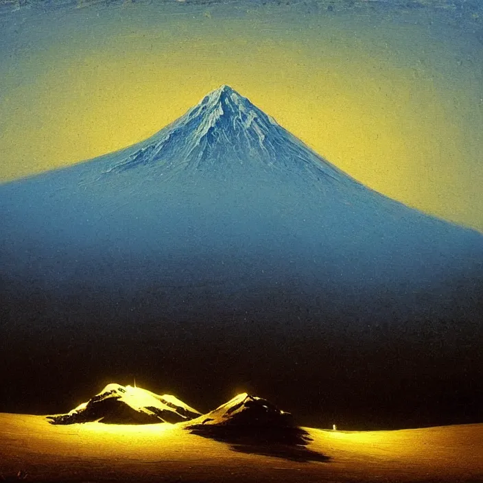 Prompt: mt elbrus at night, arkhip kuindzhi painting, oil painting, luminous light, blue palette