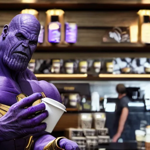 Image similar to thanos buying coffee in starbucks, hyper realistic