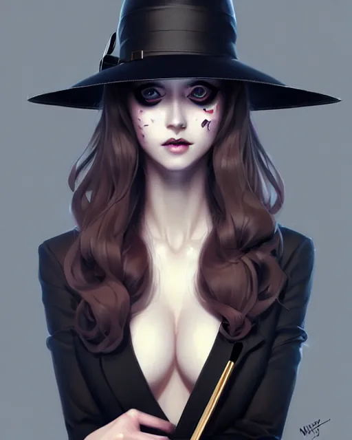 Prompt: lady with eyeliner makeup from genshin impact in triangle fedora hat and black coat, wavy lingeries, intricate, elegant confident pose, sharp focus, illustration, highly detailed, digital painting, concept art, art by wlop and artgerm and ross tran and greg rutkowski, masterpiece