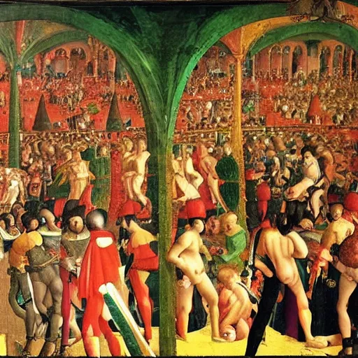 Image similar to 15th century florentine rave party painted by paolo uccello, oil painting on canvas