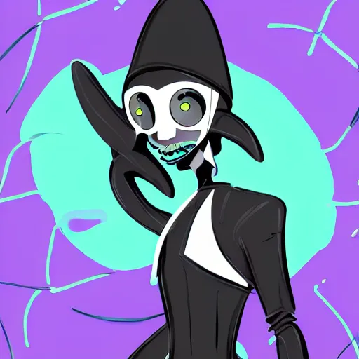 Image similar to character designs for a fashionable nonbinary androgynous gothic manta ray humanoid person with manta ray fin arms who sells empty spray paint cans as a scam and is always covered in paint and acting shady, designed by splatoon nintendo, inspired by tim shafer psychonauts 2 by double fine, cgi, professional design, gaming